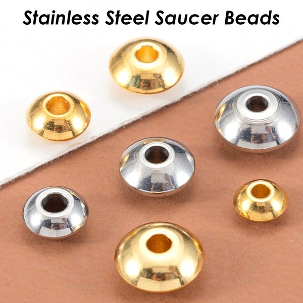 20 x Stainless Steel Saucer Beads, Silver Gold Spacer Beads for Jewelry Making, Spaceship Beads, Bracelet Spacers, Saucer Roundel Beads