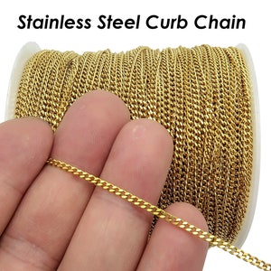 Stainless Steel Chain Bulk Wholesale Tarnish Free Gold Silver 1.5mm 2mm 3mm Curb Link Chain by length Yard Inch for Jewelry Making