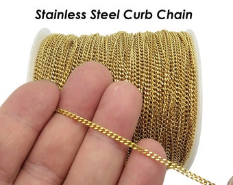 Stainless Steel Chain Bulk Wholesale Tarnish Free Gold Silver 1.5mm 2mm 3mm Curb Link Chain by length Yard Inch for Jewelry Making