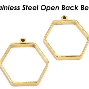 Stainless Steel Pendant Frame Open Back Bezel Blank Gold Silver , Hexagon Pendant Bezel Setting for Resin Polymer Enamel Jewelry Making