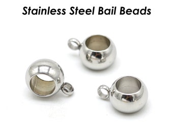 50 x Stainless Steel Charm Bail Beads Large Hole, Hanger Beads Gold Silver, 4mm 5mm 6mm 8mm Spacer Beads with Loop, Hanger Link Beads
