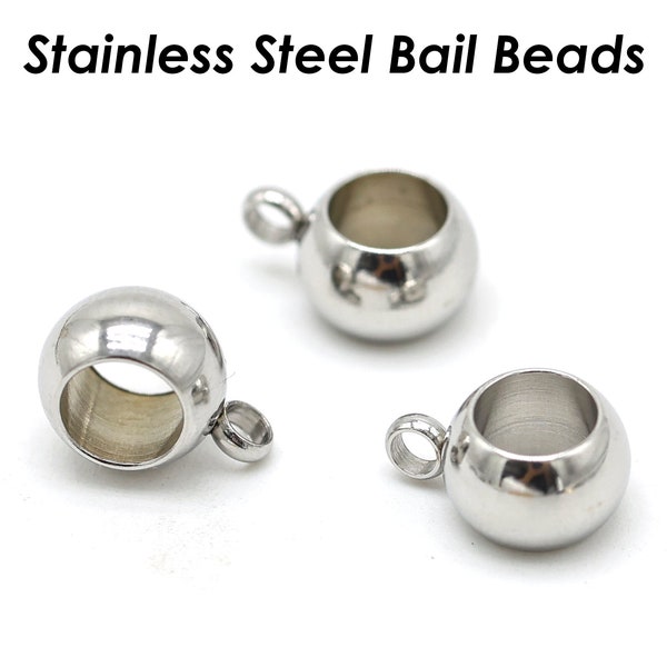 50 x Stainless Steel Charm Bail Beads Large Hole, Hanger Beads Gold Silver, 4mm 5mm 6mm 8mm Spacer Beads with Loop, Hanger Link Beads