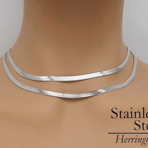 Herringbone Necklace Gold Silver, Tarnish Free Stainless Steel Flat Snake Chain Necklace Choker for Women Men, Gift for Her Him