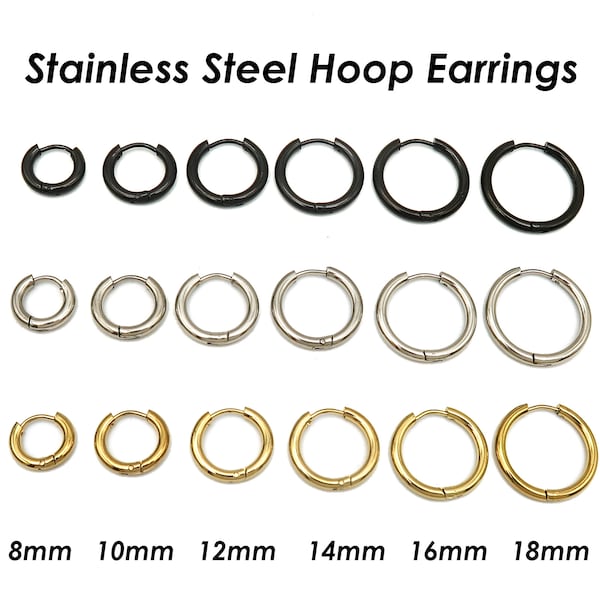 Stainless Steel Huggie Hoop Earrings for Men Women, Silver Black Gold Sleeper Earring Hoops, Surgical Ear Piercing Hoop Hypoallergenic Hooks