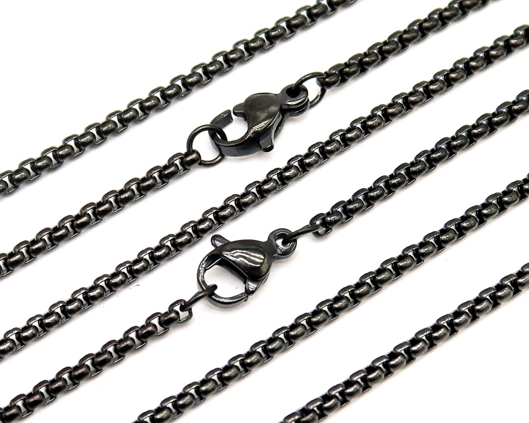 10 X Black Chain Necklace Stainless Steel, 2mm Round Box Chain, Black Necklace Men Women, Silver