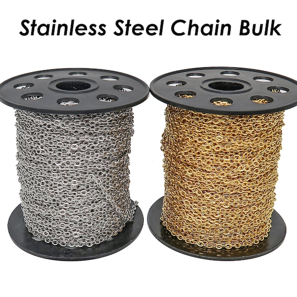 30 Feet x Stainless Steel Chain Bulk by the foot, Bulk Chain by the inch for Necklace Making, Cable Link Rolo Chain Bulk by the Yard Meter