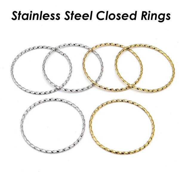 Stainless Steel Rings, Textured Circle Connectors, Closed Jump Rings Gold Silver, Earring Hoop Big Round Link Connectors for Jewelry Making