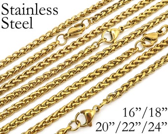 Colliers en acier inoxydable doré pour femmes, collier de chaîne de blé de 3 mm ras du cou résistant au ternissement, collier pour hommes en gros or et argent