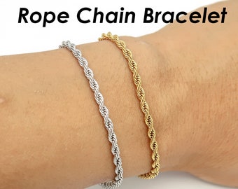 3mm Rope Bracelet Gold Silver, Stainless Steel Stackable Bracelet, 3mm Rope Chain Necklace for Women or Men, Gift for Her or Him