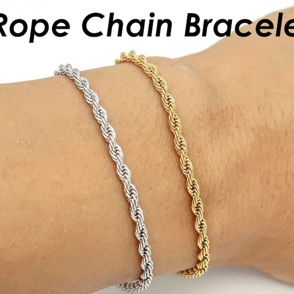 3mm Rope Bracelet Gold Silver, Stainless Steel Stackable Bracelet, 3mm Rope Chain Necklace for Women or Men, Gift for Her or Him