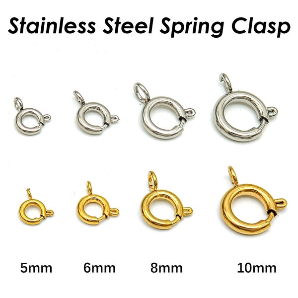 10x Stainless Steel Spring Ring Clasp Gold Silver, Tarnish Free 5mm 6mm 8mm 10mm Spring Clasp Wholesale Jewelry Supplies for Necklace Making