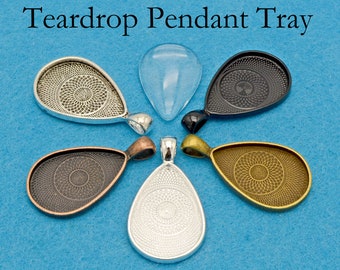 Teardrop Bezel Pendant Blank, 20x30mm Teardrop Glass Cabochon Setting, Pendant Tray Silver Gold Bronze Copper Black for DIY Pendant Making