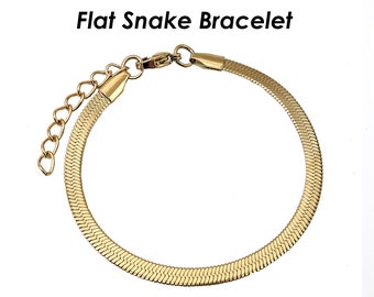 Herringbone Bracelet Gold Silver, Stainless Steel Snake Chain Bracelet for Women Men, Tarnish Free Flat Snake Bracelet