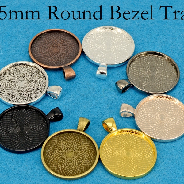 10/50 pcs - 25mm Round Pendant Tray Blanks, 1 inch Round Bezel Cup, Cabochon Setting Base Frame- Silver/ Bronze/Copper/Gold/Gunmetal/Black