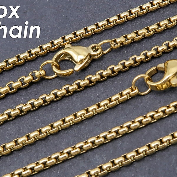 10 x Round Box Chain Necklace Stainless Steel, Tarnish Free Gold Box Chain Necklace for Men Women, Silver Black Stainless Steel Box Chain