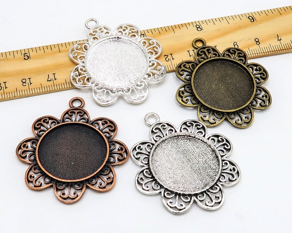 25mm Round Bezel Pendant Blanks, Filigree Flower Pendant Tray Base, Cabochon  Setting for Jewelry Making 