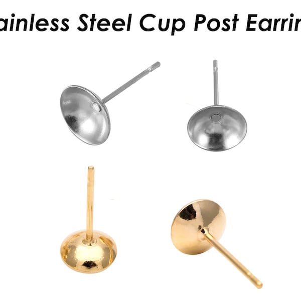 50 x Stainless Steel Earring Post with Bezel Cup 3mm 4mm 5mm 6mm 8mm 10mm, Rhinestone Earring Post Hypoallergenic