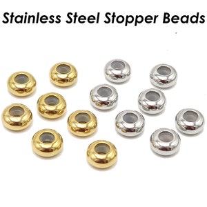 20 PCS - 5/6/8/10mm Rubber Stopper Beads Stainless Steel, Sliding Adjustable Rondelle Beads, Round Spacer Beads Gold Plated Bead Keeper