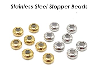 20 PCS - 5/6/8/10mm Rubber Stopper Beads Stainless Steel, Sliding Adjustable Rondelle Beads, Round Spacer Beads Gold Plated Bead Keeper
