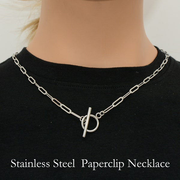 Paper Clip Necklace, Stainless Steel PaperClip Necklace Gold & Silver Tone, Rectangle Link Chain Toggle Clasp Necklace Layered Necklace