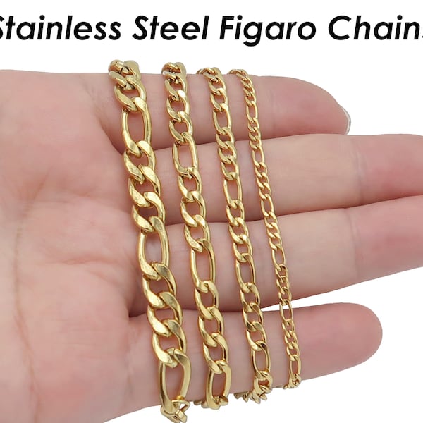 10 Feet x Figaro Chain Gold Silver Stainless Steel Figaro Link chain, Bulk Wholesale Stainless Steel Chain for Necklace or Bracelet Making