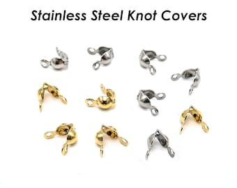 50 x  Stainless Steel Bead Tips, Calotte Ends, Clamshell Knot Cover, Cord Ends, Crimp Bead Cover, Knot Cover Gold Silver Jewelry Findings