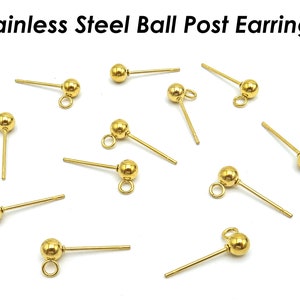 50 x Stainless Steel Ball Post Earrings, Gold Stud Earring With Connectors, Hypoallergenic Surgical Steel Earring Findings