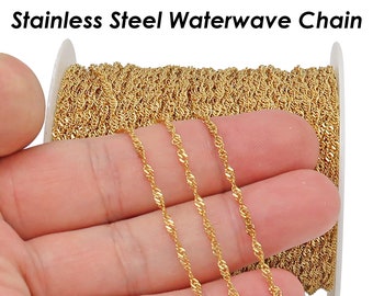 Waterwave Chain Stainless Steel Chain by Inch Foot Length Spool, Water Wave Chain Bulk Chain Gold Silver for Jewelry Making