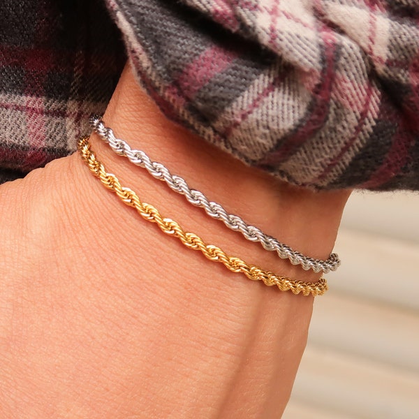 Stainless Steel Rope Bracelet Gold & Silver, Tarnish Free Rope Chain Bracelet with Extender, Stacking Bracelets for Women
