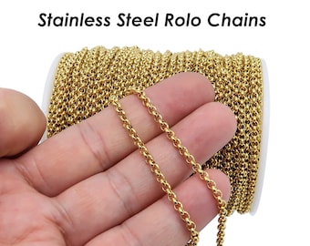 Stainless Steel Rolo Chain Gold Silver, Wholesale Bulk Rolo Chain Stainless Steel Bulk Chain by the Yard Meter Length for Jewelry Making