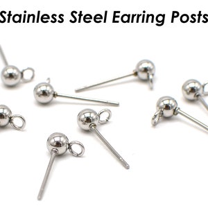 50 x Stainless Steel Earring Post with Loop, 3 / 4 / 5 / 6mm Ball Post Earring Stud, Surgical Steel Earring Earring Findings Hypoallergenic