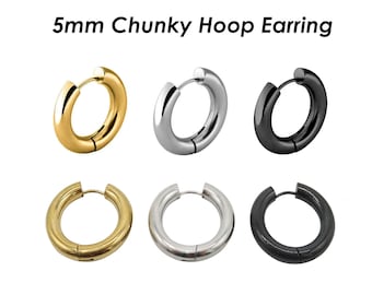 Chunky Earring Hoops 5mm Thick Hoop Earring, Stainless Steel Huggie Earring Hoops Gold Silver Black For Women or Men