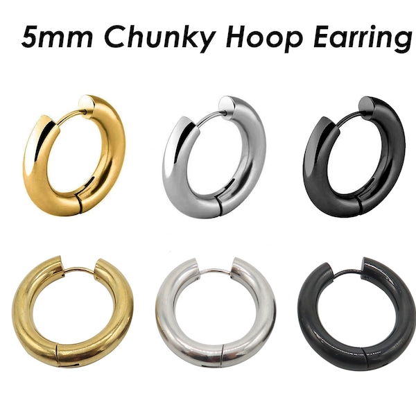 Grosses boucles d'oreilles créoles de 5 mm d'épaisseur, créoles Huggie en acier inoxydable or argent noir pour femme ou homme