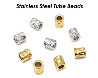 Stainless Steel Spacer Beads Gold Silver, Hammered Textured Beads, Barrel Beads, Large Hole Tube Beads for Bracelets and Necklace Making