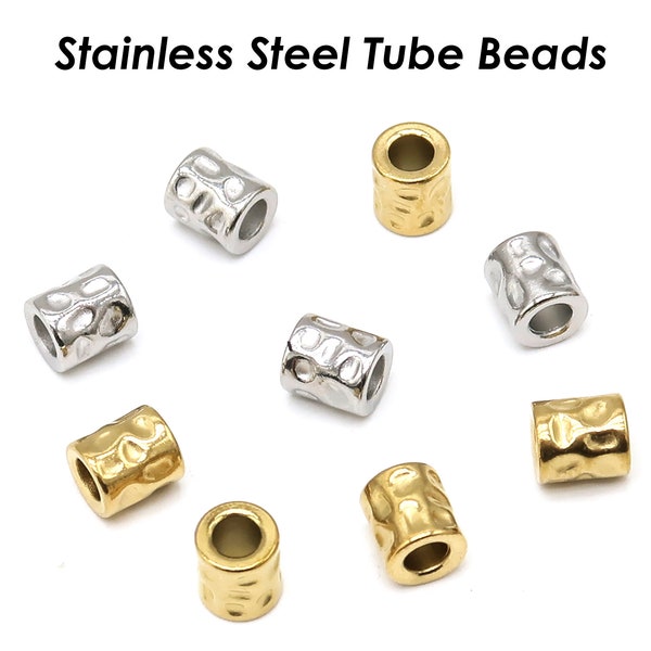 Stainless Steel Spacer Beads Gold Silver, Hammered Textured Beads, Barrel Beads, Large Hole Tube Beads for Bracelets and Necklace Making