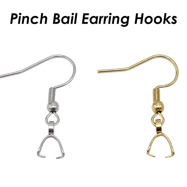 Stainless Steel Pinch Bail Earring Hooks Gold Silver, Wholesale Earring Hooks with Pre-attached Pinch Bails, Ear Wires with Bails