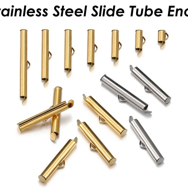 10 x Silde on End Clasp Tube Slider End Caps Siler Gold Stainless Steel Tube Slider Clips, Crimp End Clasp