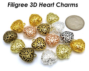 10 dijes de corazón 3D a granel, colgantes de corazón de filigrana hueca para hacer collares, pulseras o aretes, plata, oro, oro rosa, bronce