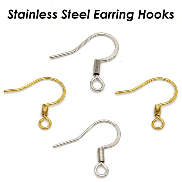 100 x Surgical Steel Earrings Hooks, Bulk Wholesale Stainless Steel Earring Findings Gold Silver, Hypoallergenic Earring Wires Tarnish Free