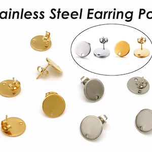 10 pcs x Stainless Steel Earring Post Hypoallergenic 12mm Round Pad with Hole, Earring Stud Gold Sivler Connector Earring Findings