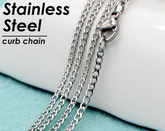 10 x Stainless Steel Curb Link Necklace, Beveled Flat Curb Chain for Jewelry Making, Flat Cuban Necklace for Women or Men
