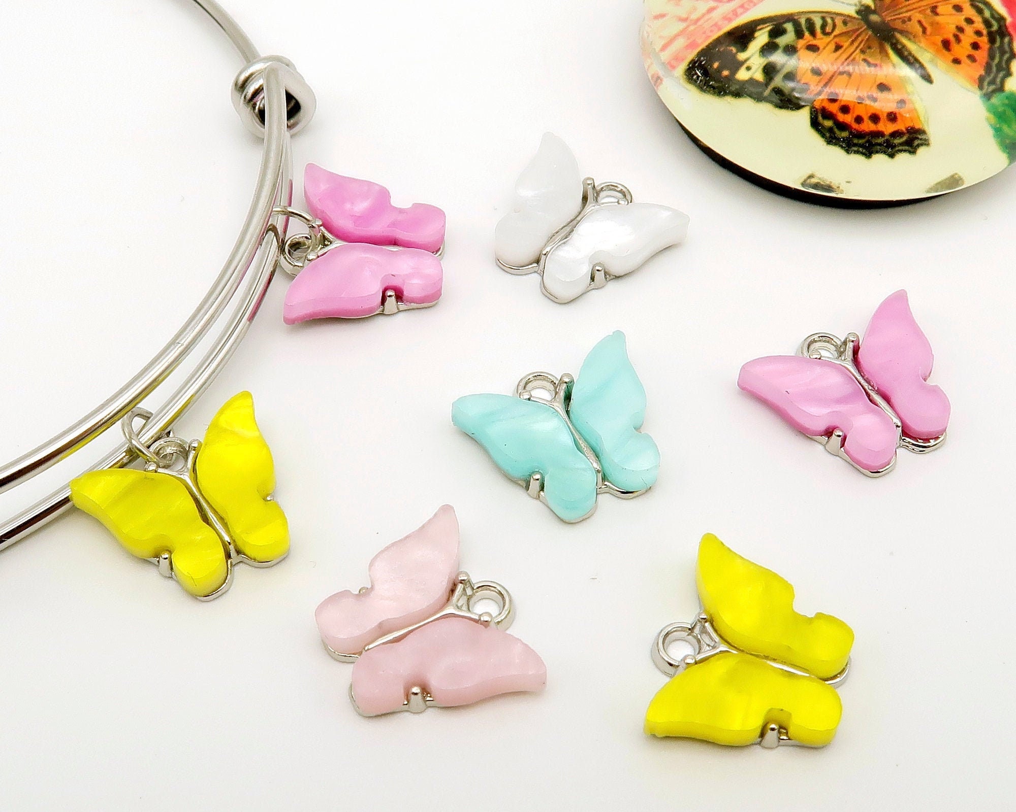 10 x Butterfly Charms Silver Tone Acrylic Butterfly Charm Etsy