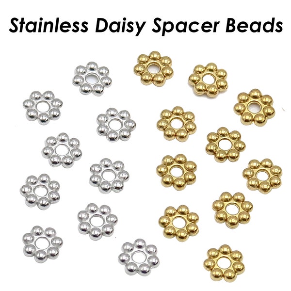 50 x Daisy Beads, Stainless Steel Spacer Beads Wholesale, Tarnish Free Silver Gold Daisy Spacers, Heishi Beads Flower Beads Jewelry Making
