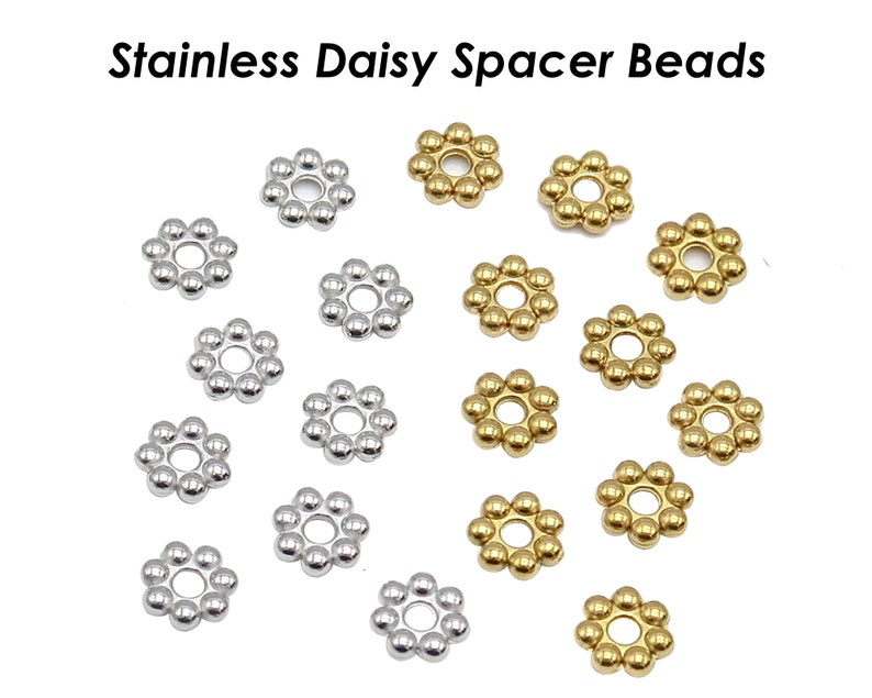 50 x Daisy Beads, Stainless Steel Spacer Beads Wholesale, Tarnish Free Silver Gold Daisy Spacers, Heishi Beads Flower Beads Jewelry Making image 1