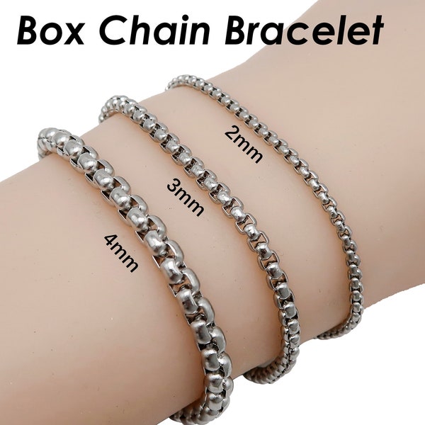 10 x Stainless Steel Box Chain Bracelet for Men or Women, Stackable Bracelets, 2mm 3mm 4mm Round Box Chain Bracelet