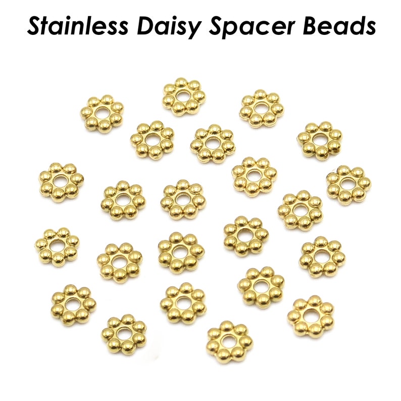 50 x Daisy Beads, Stainless Steel Spacer Beads Wholesale, Tarnish Free Silver Gold Daisy Spacers, Heishi Beads Flower Beads Jewelry Making Gold