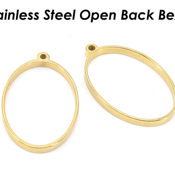 Stainless Steel Open Back Bezel Pendant Blank Gold Silver, Tarnish Free Oval Pendant Bezel Setting for Resin Polymer Enamel Jewelry Making