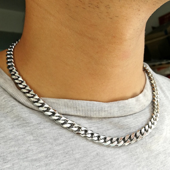 Sterling Silver Necklace Chain For Mens Boys - Miami Link Cuban Chain 21  Inches