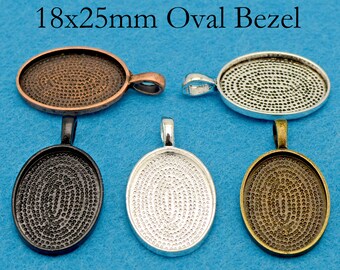 10/50 piezas - Copa de bisel de 18x25 mm, ajuste de cabujón ovalado, espacios en blanco colgantes de bandeja colgante, ajuste de camafeo de 18x25 mm: plata / bronce antiguo / cobre / negro