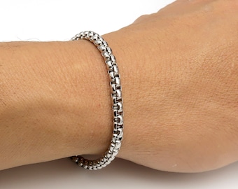 Round Box Chain Bracelets, Stainless Steel Simple Layering Stacking 4mm Rounded Box Chain Link Bracelet